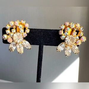 Bogoff Vintage AB Rhinestone Clip On Earrings, Gold Tone Setting, Signed